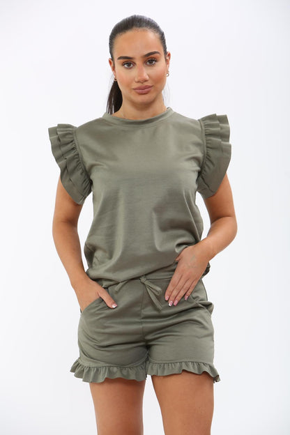 Ladies Frill Peplum Sleeve Top and Short 2 Piece Tracksuit Set