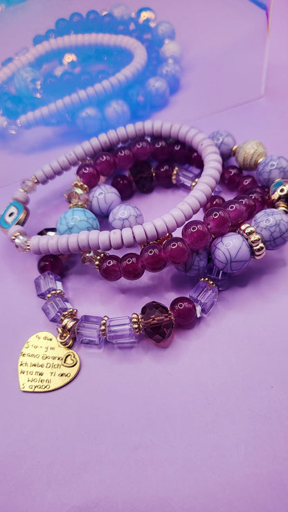 Heart Charm Ceramic Beaded Bracelet Set