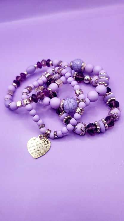 Heart Charm Ceramic Beaded Bracelet Set