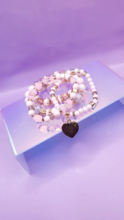 Heart Charm Ceramic Beaded Bracelet Set