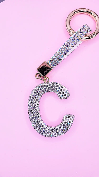 Initial Letter Silver Crystal Glam Key Ring