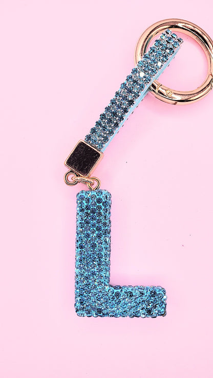 Initial Letter Blue Crystal Glam Key Ring