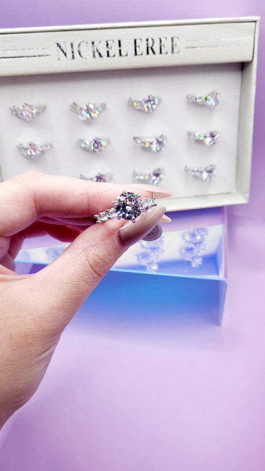 Iced Out Crystal Ring Silver Box set of 12