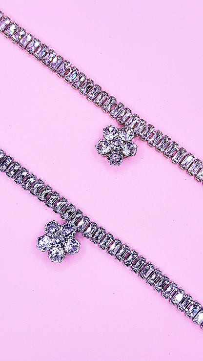 Flower Crystal Baguette Cut Layered Necklace Set