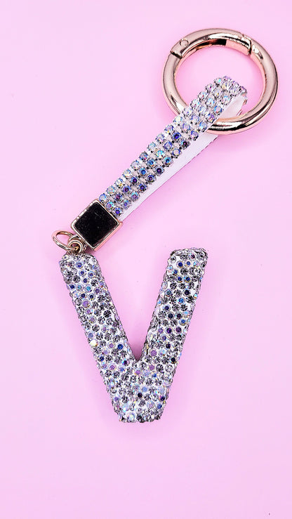Initial Letter Silver Crystal Glam Key Ring