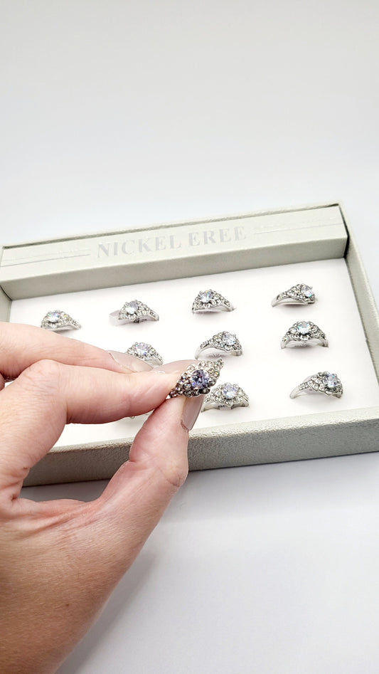 Halo Crystal Ring Silver Box set of 12