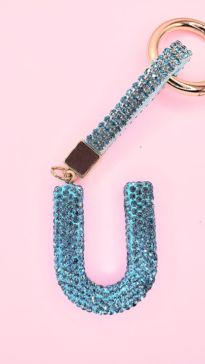 Initial Letter Blue Crystal Glam Key Ring