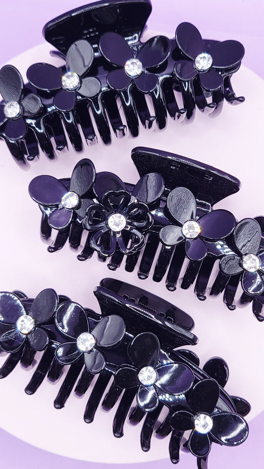 Crystal Black Flower Hair Clamp Pack of 12