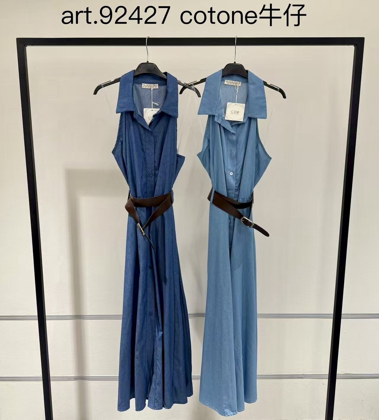 Sleeveless cotton shirt dress with denim effect belt