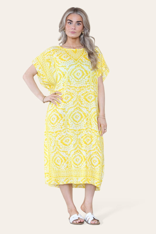 Mid-Length Dress with V-neck and Tie-Dye Print