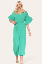 Women’s Casual Oversized Gold Button Pleated Frilled Ruffle Short Sleeves Shirt Top and Short Co-Ord Set