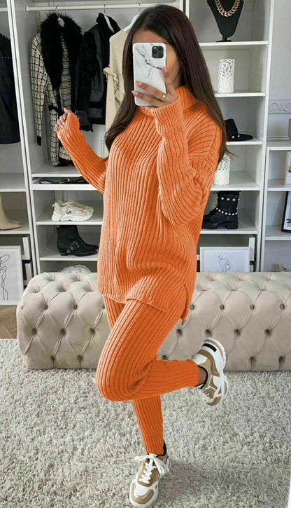 Ladies Chunky Knitted Ribbed Polo High Neck Top Leggings Loungewear Suit Set