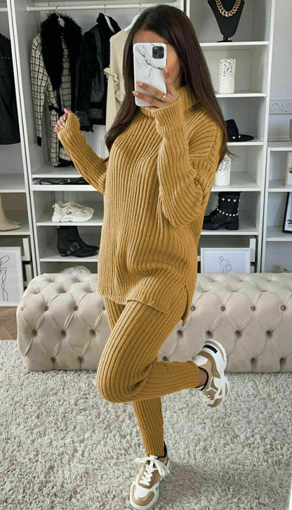 Ladies Chunky Knitted Ribbed Polo High Neck Top Leggings Loungewear Suit Set