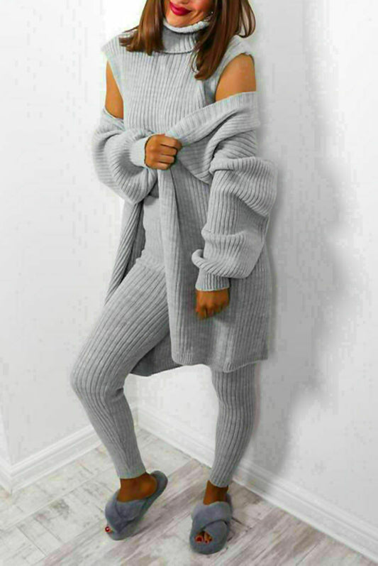 Ladies 3 Piece Suit Roll Neck Chunky Knitted Ribbed Tracksuit Lounge Set