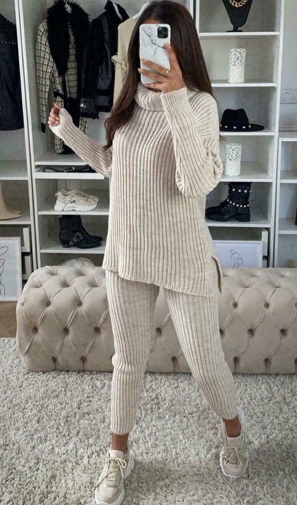 Ladies Chunky Knitted Ribbed Polo High Neck Top Leggings Loungewear Suit Set