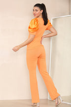 Silky Satin Puff Sleeves Ribbed Lounge Set