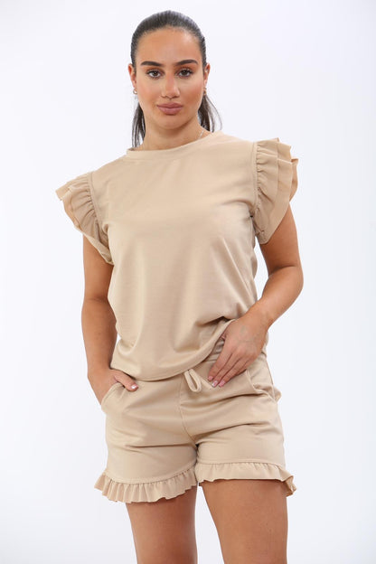 Ladies Frill Peplum Sleeve Top and Short 2 Piece Tracksuit Set