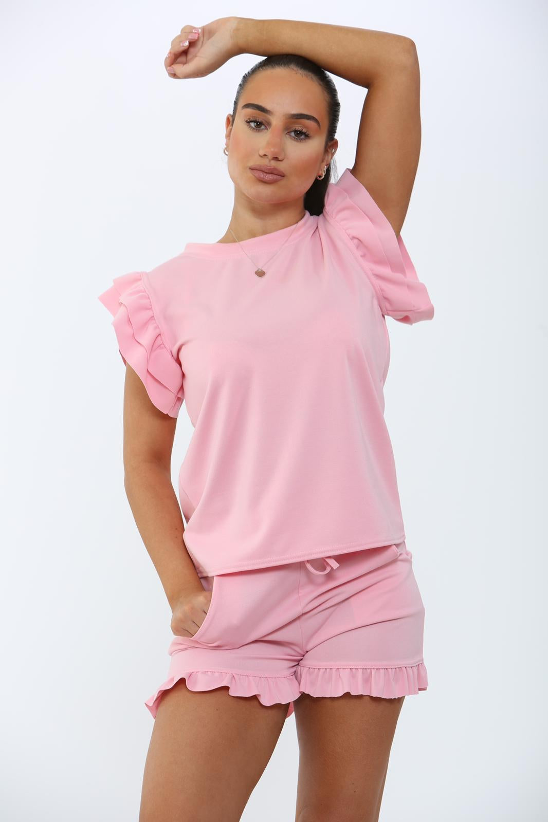 Ladies Frill Peplum Sleeve Top and Short 2 Piece Tracksuit Set