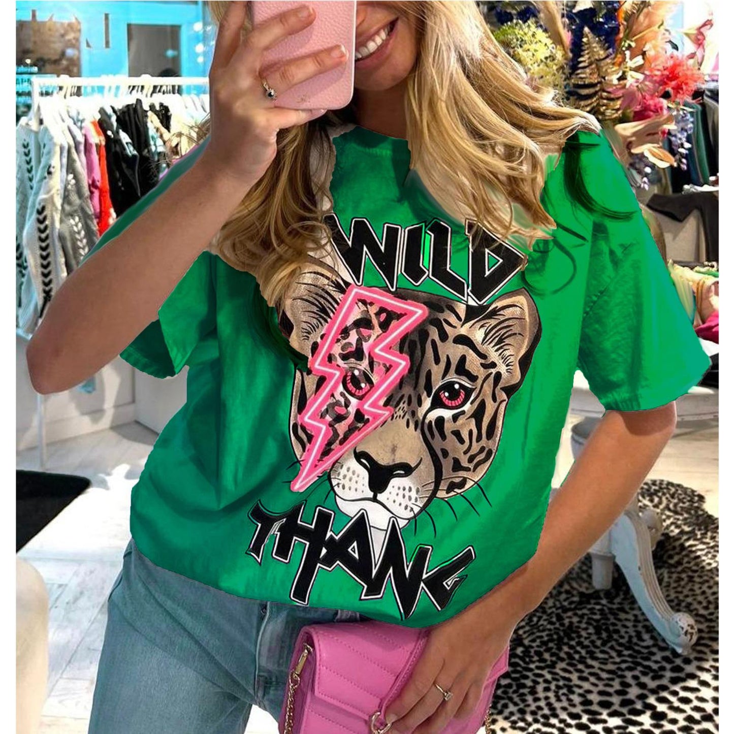 Ladies Oversized Tiger Lightning Wild Thang Short Sleeves T Shirt Top